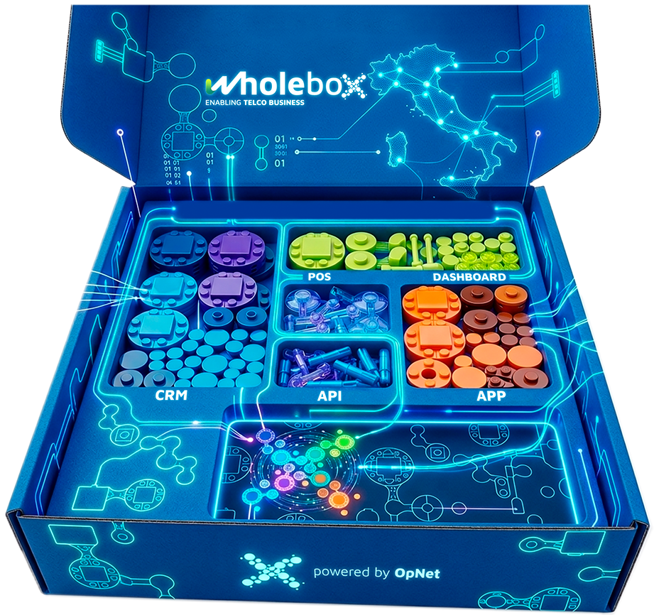 La scatola WholeBox aperta, con dentro i mattoncini dei servizi: CRM, POS, Dashboard, API, App
