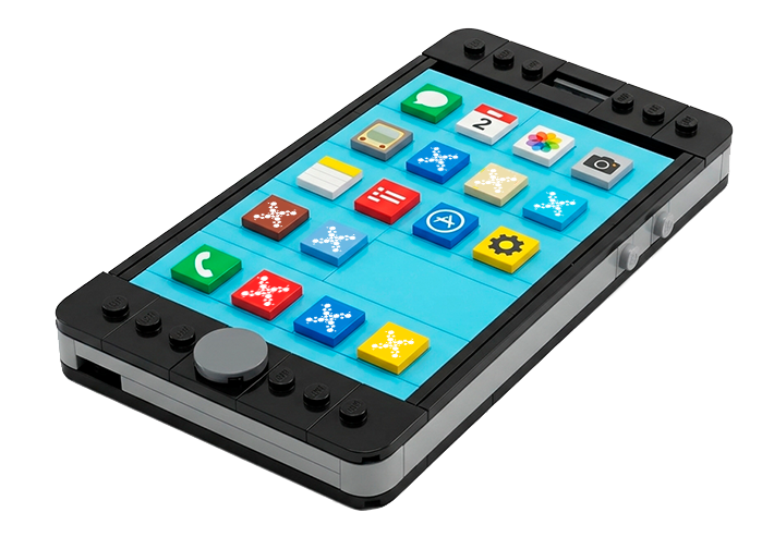 Un telefono costruito con i mattoncini, con le app del servizio